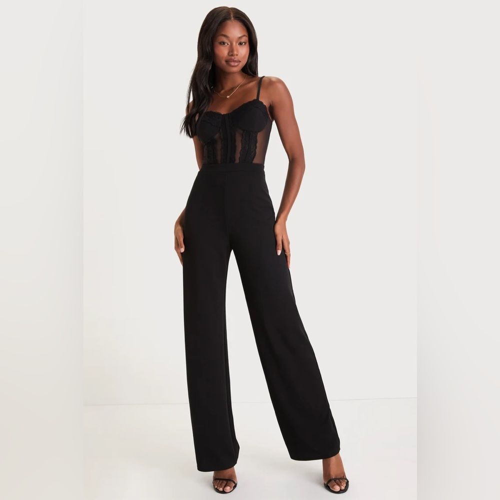 Lulus Sultry Strut Black Mesh Bustier Sleeveless Wide-Leg Jumpsuit